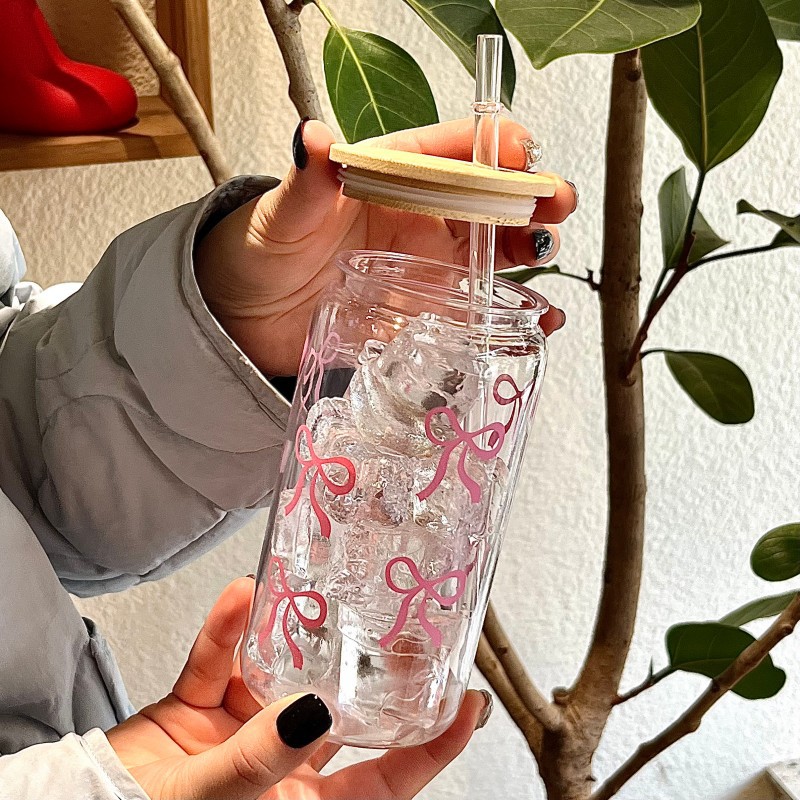 500ml Cute Bow Glass Cup Tumbl - đánh giá và giá Bean Hopper Lid