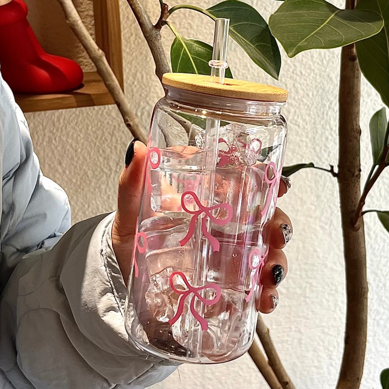 500ml Cute Bow Glass Cup Tumbl - đánh giá và giá Bean Hopper Lid