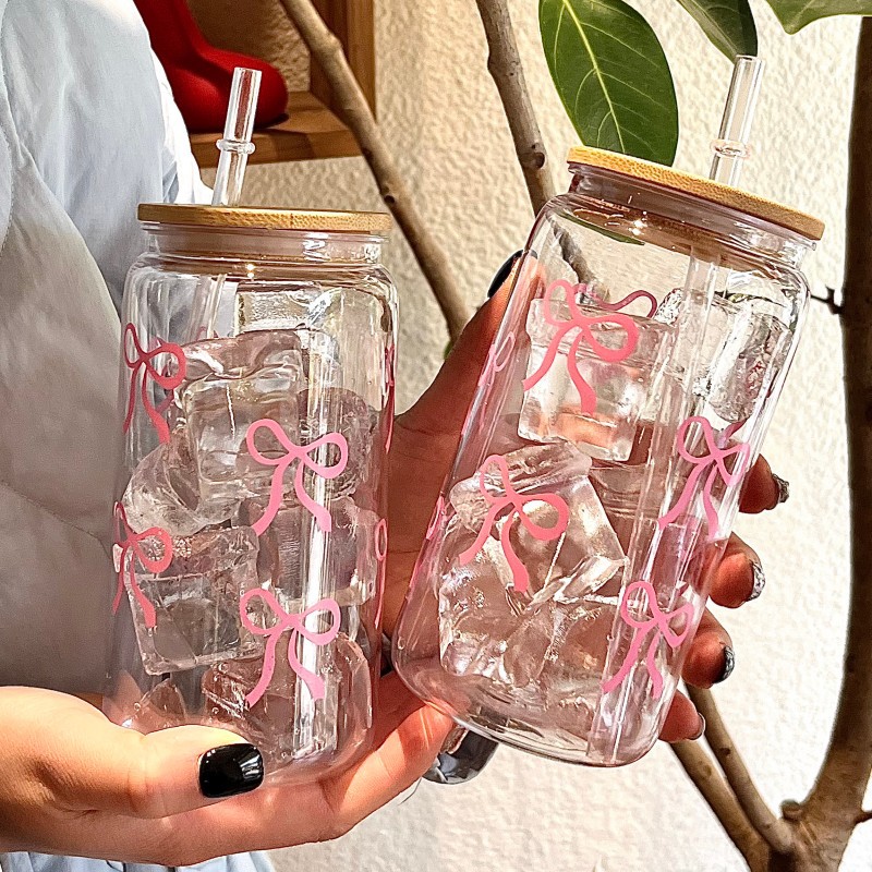 500ml Cute Bow Glass Cup Tumbl - đánh giá và giá Bean Hopper Lid